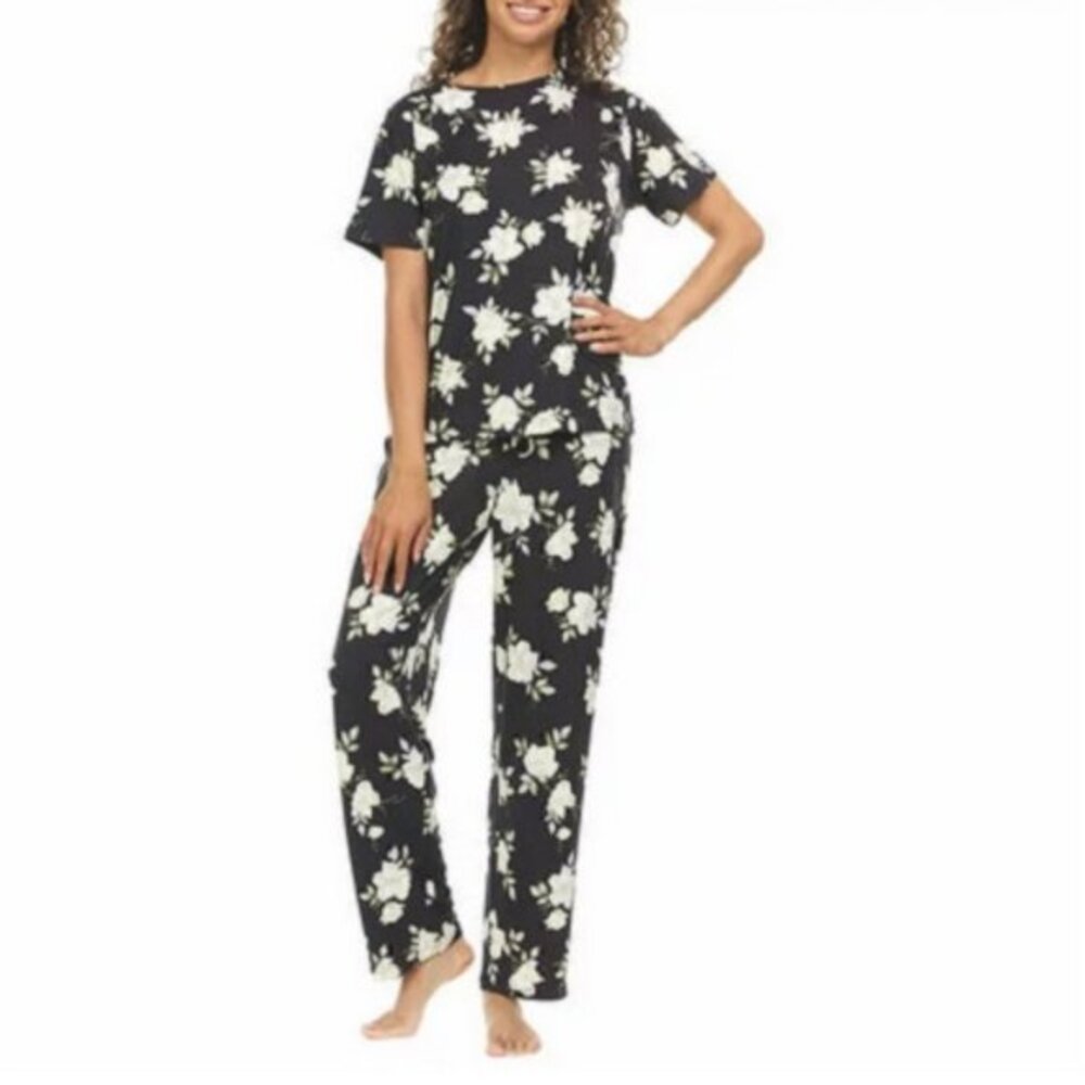 NWT Flora Nikrooz Short Sleeve Shirt & Pant 2-piece Pajama Set Black Floral